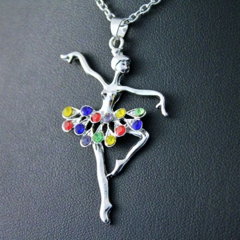 Silver Ballerina Pendant Necklace with Multicolor Crystal Skirt